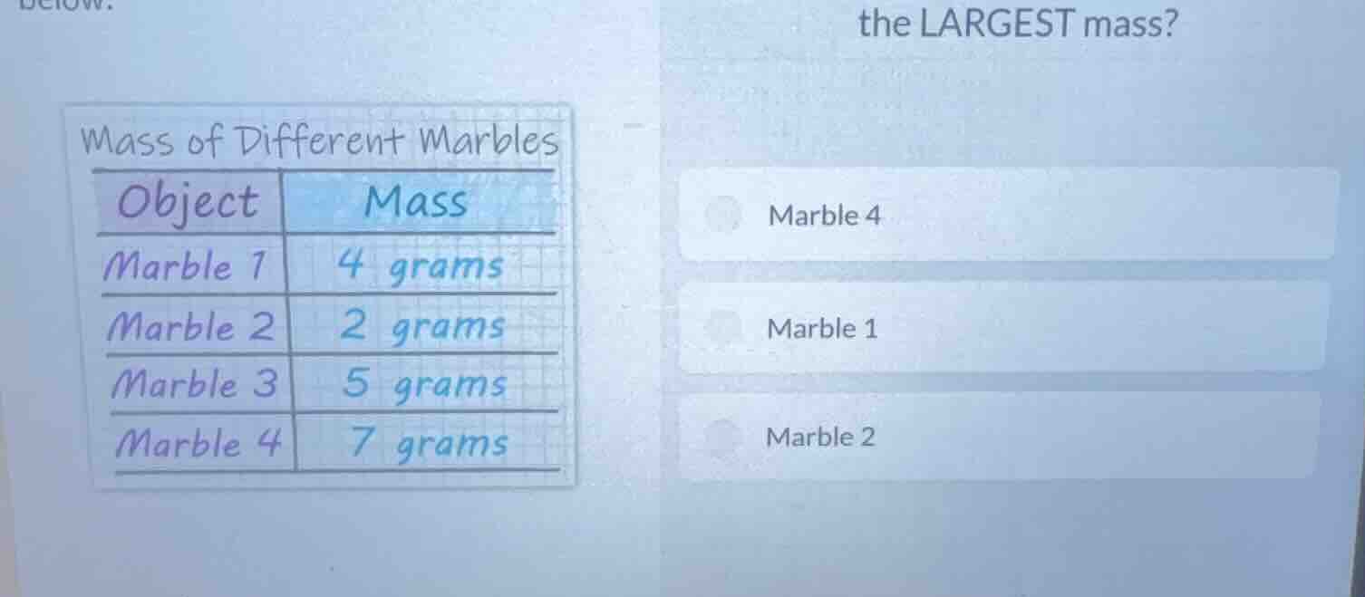 mass of different marbles object | mass marble 1 | 4 grams marble 2 | 2…