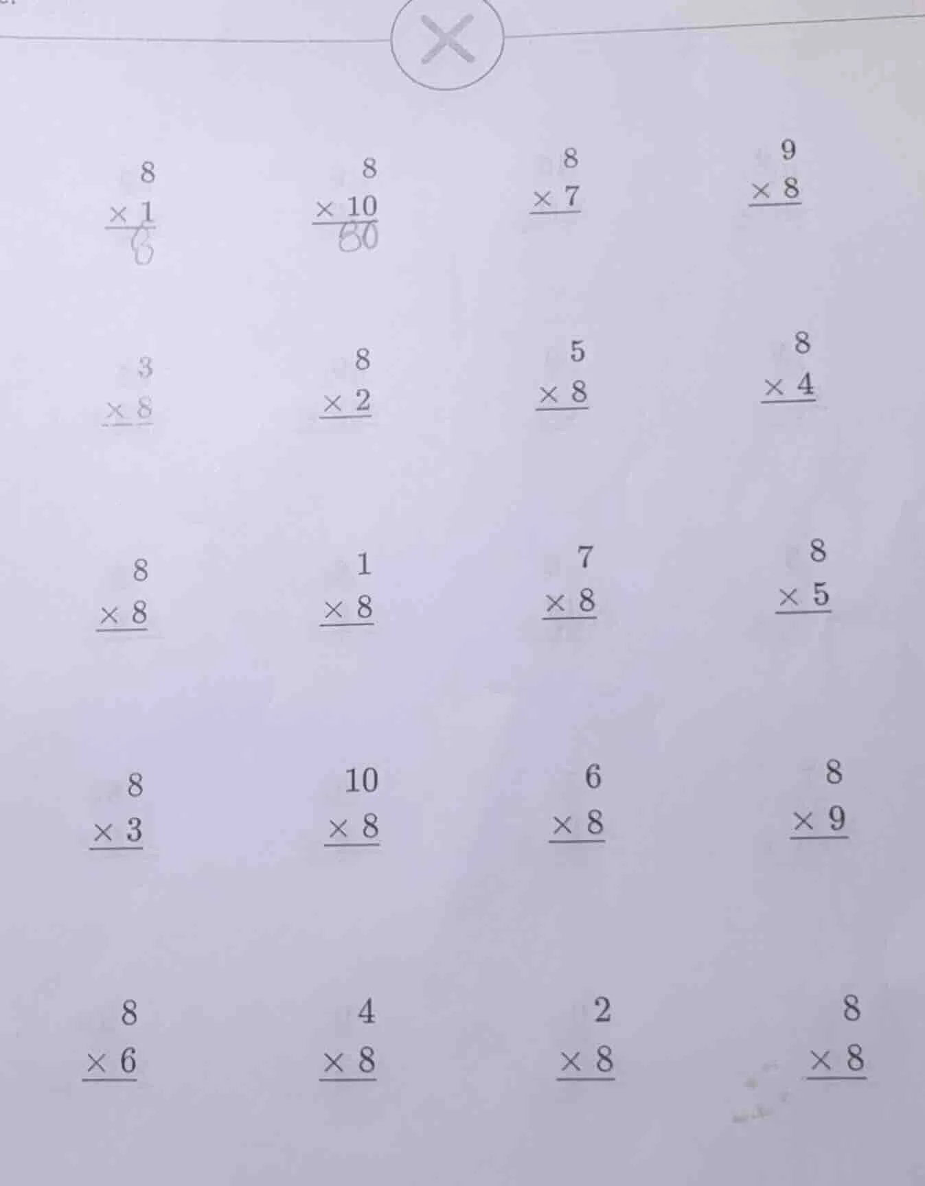 there are multiple multiplication problems like \\begin{array}{r} 8 \\\…