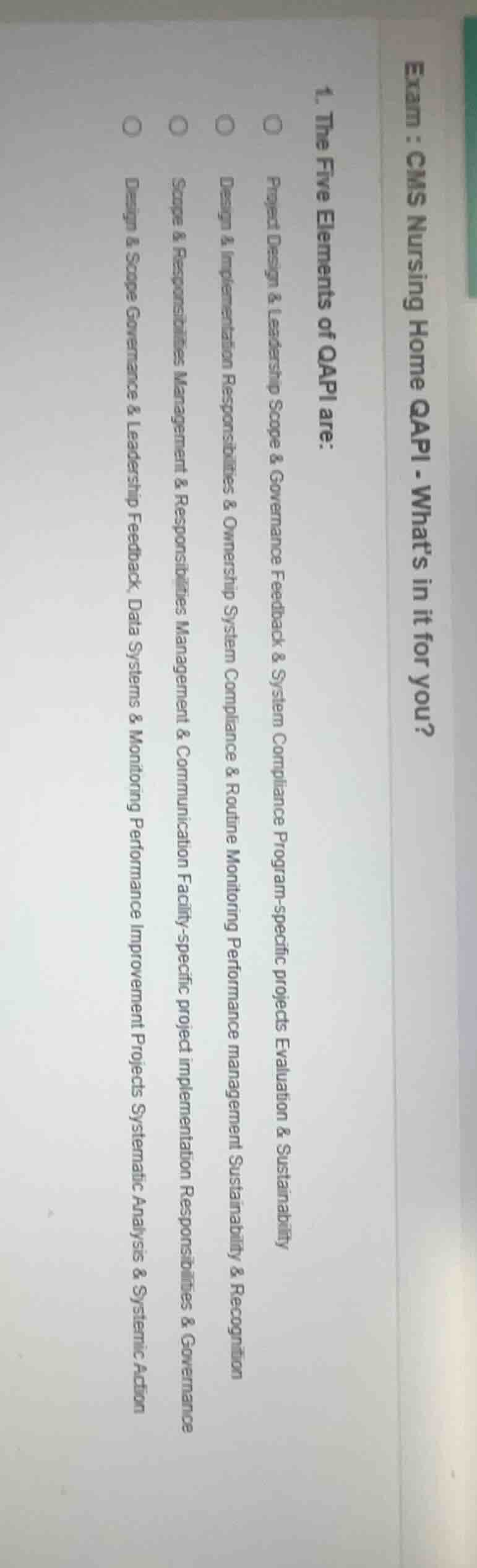 exam : cms nursing home qapi - whats in it for you? 1. the five element…