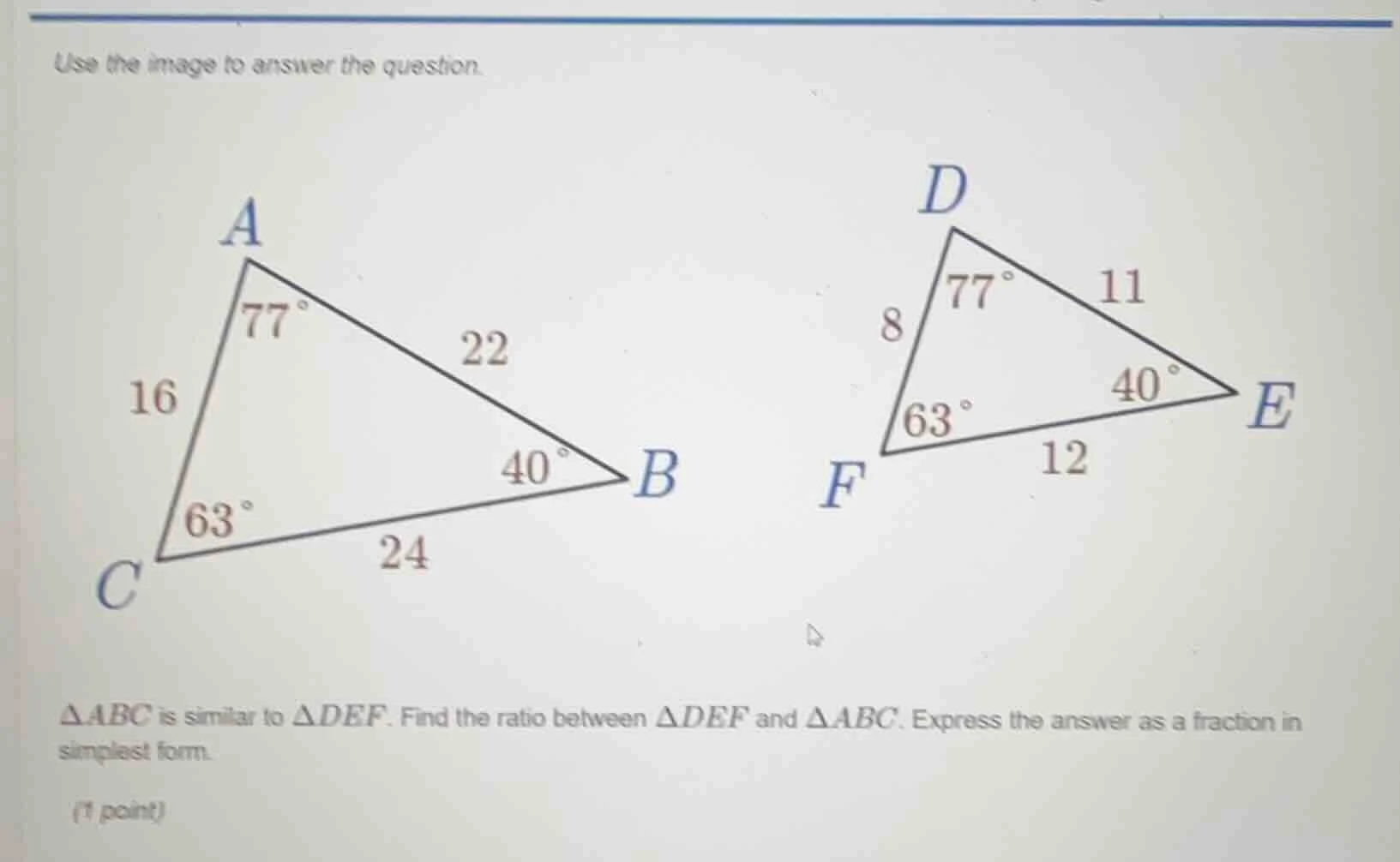 use the image to answer the question. △abc is similar to △def. find the…