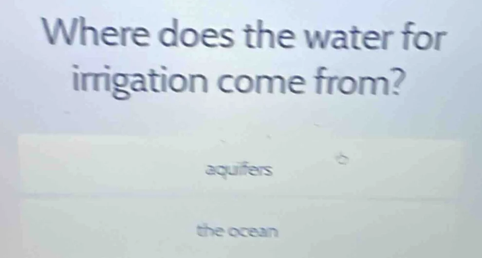 where does the water for irrigation come from? aquifers the ocean