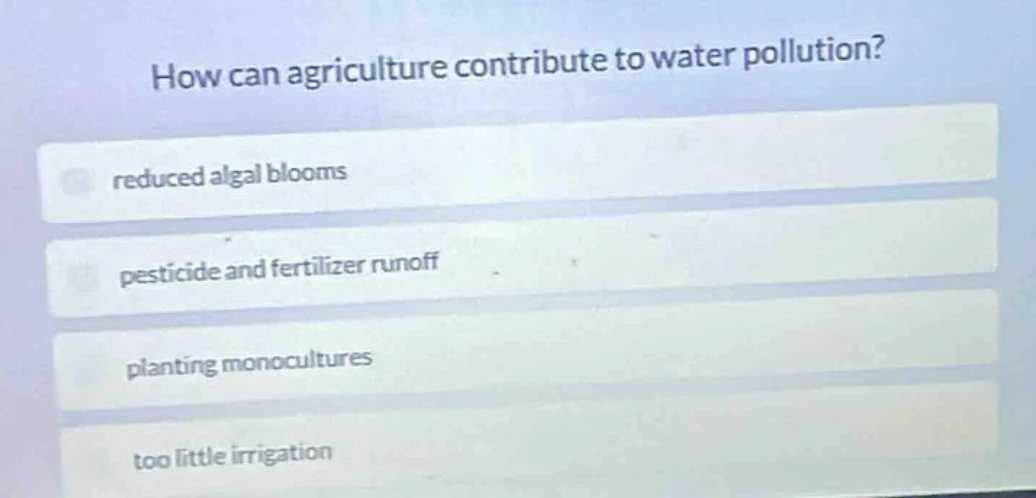 how can agriculture contribute to water pollution? reduced algal blooms…