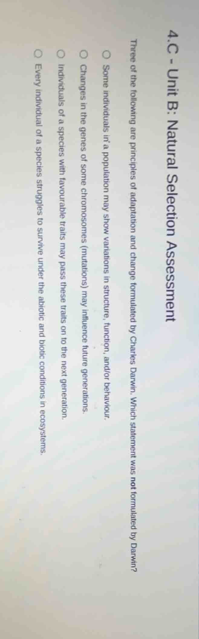 4.c - unit b: natural selection assessment three of the following are p…