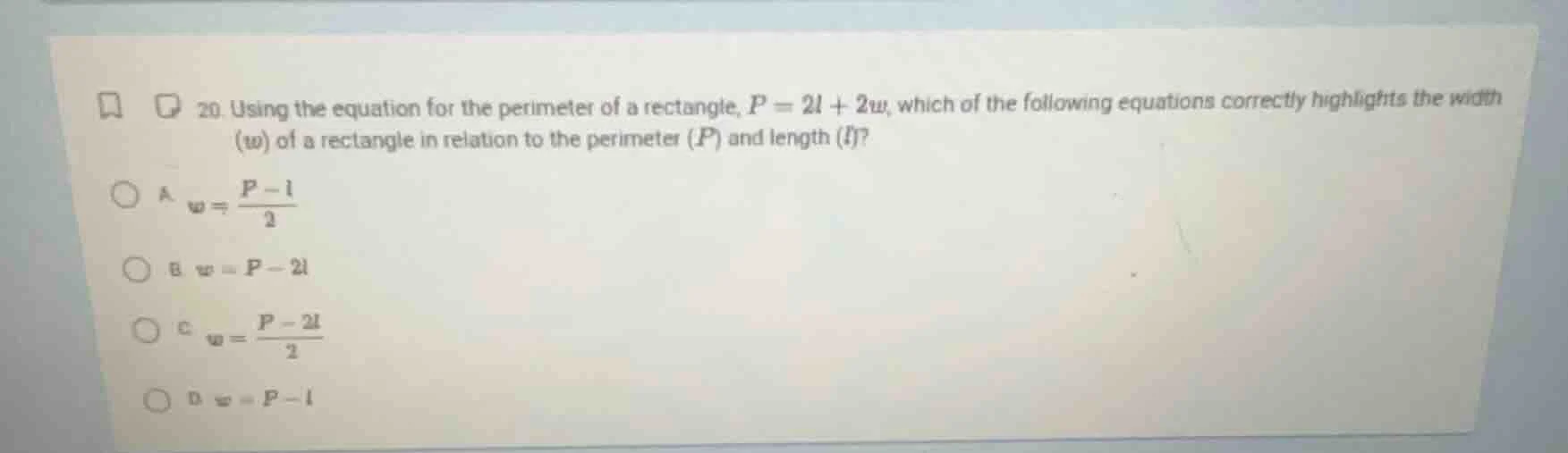 20. using the equation for the perimeter of a rectangle, $p = 2l + 2w$,…