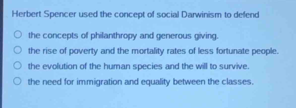 herbert spencer used the concept of social darwinism to defend the conc…