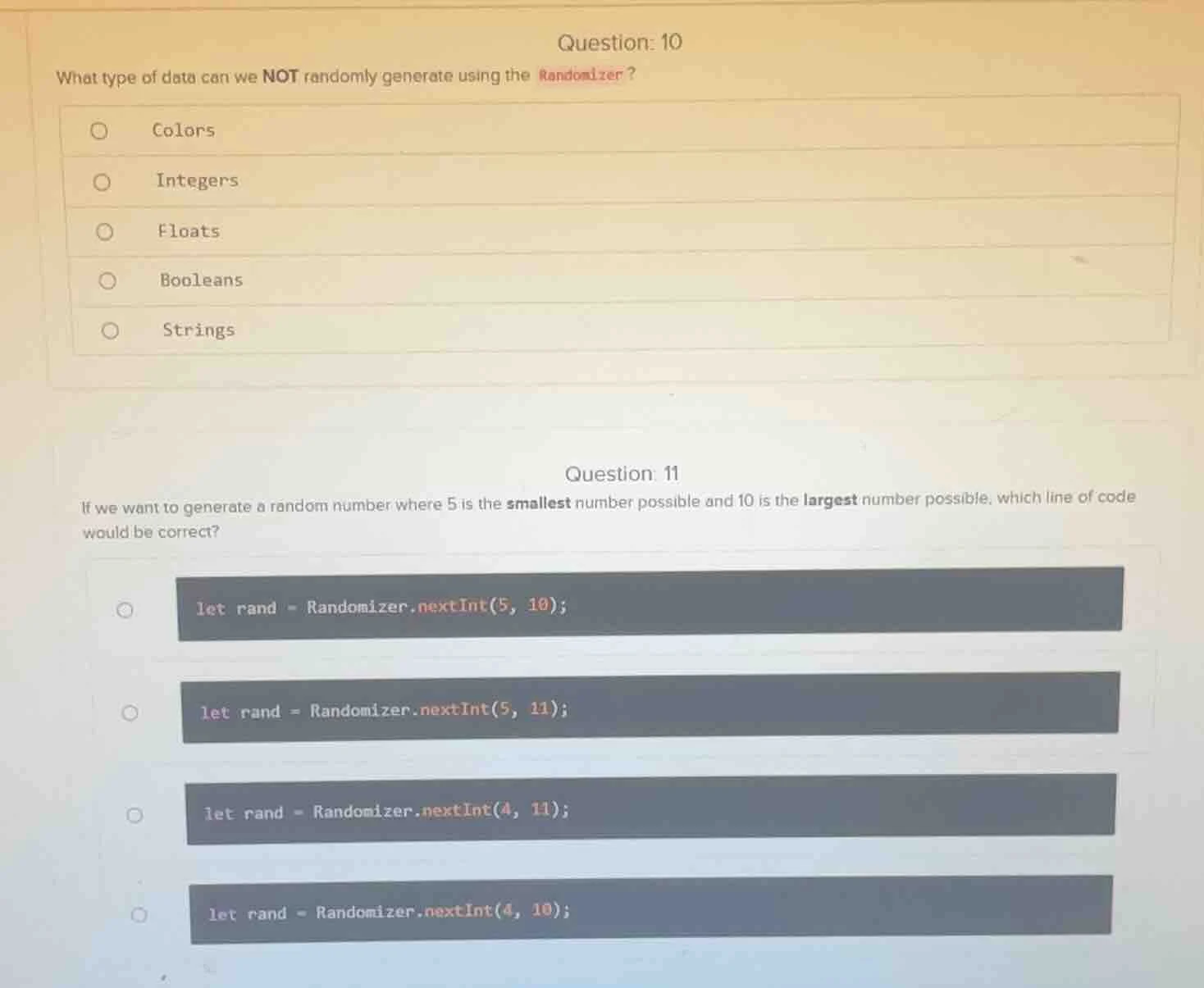 question: 10 what type of data can we not randomly generate using the r…