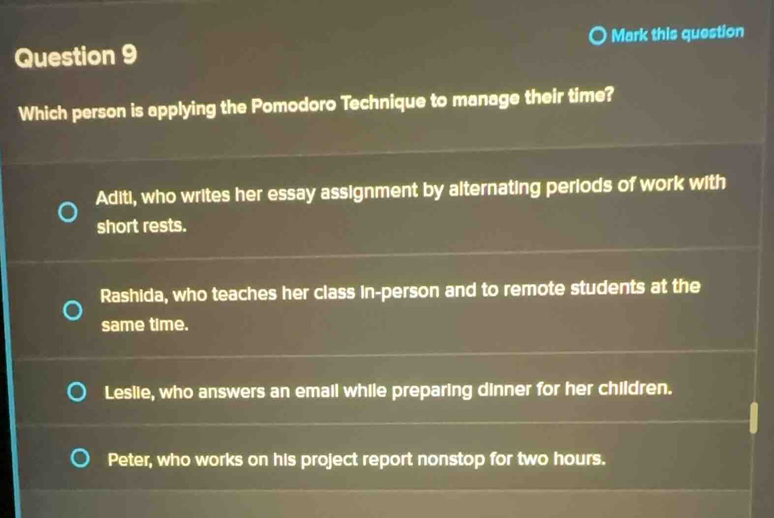 question 9 which person is applying the pomodoro technique to manage th…