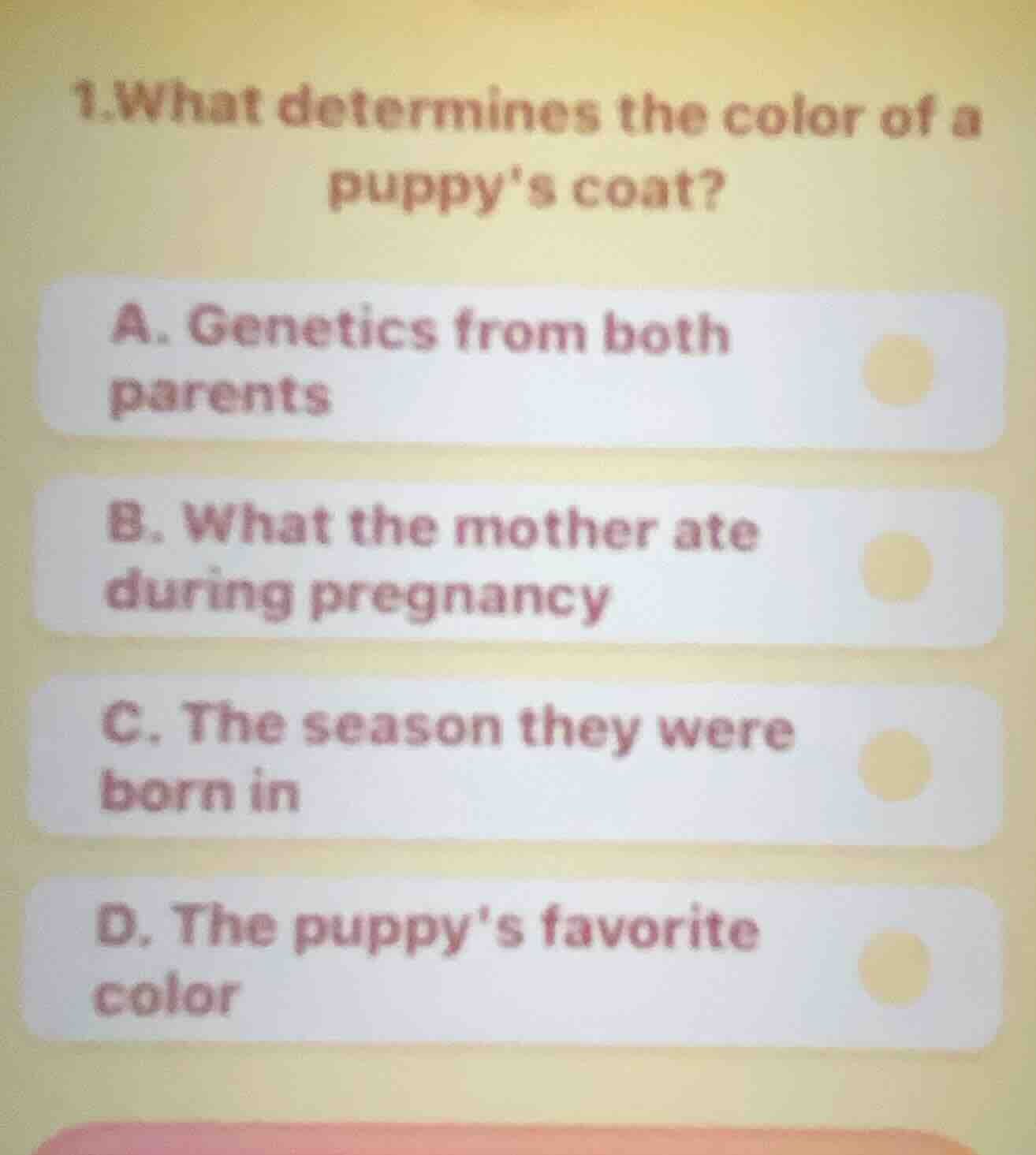 1.what determines the color of a puppys coat? a. genetics from both par…
