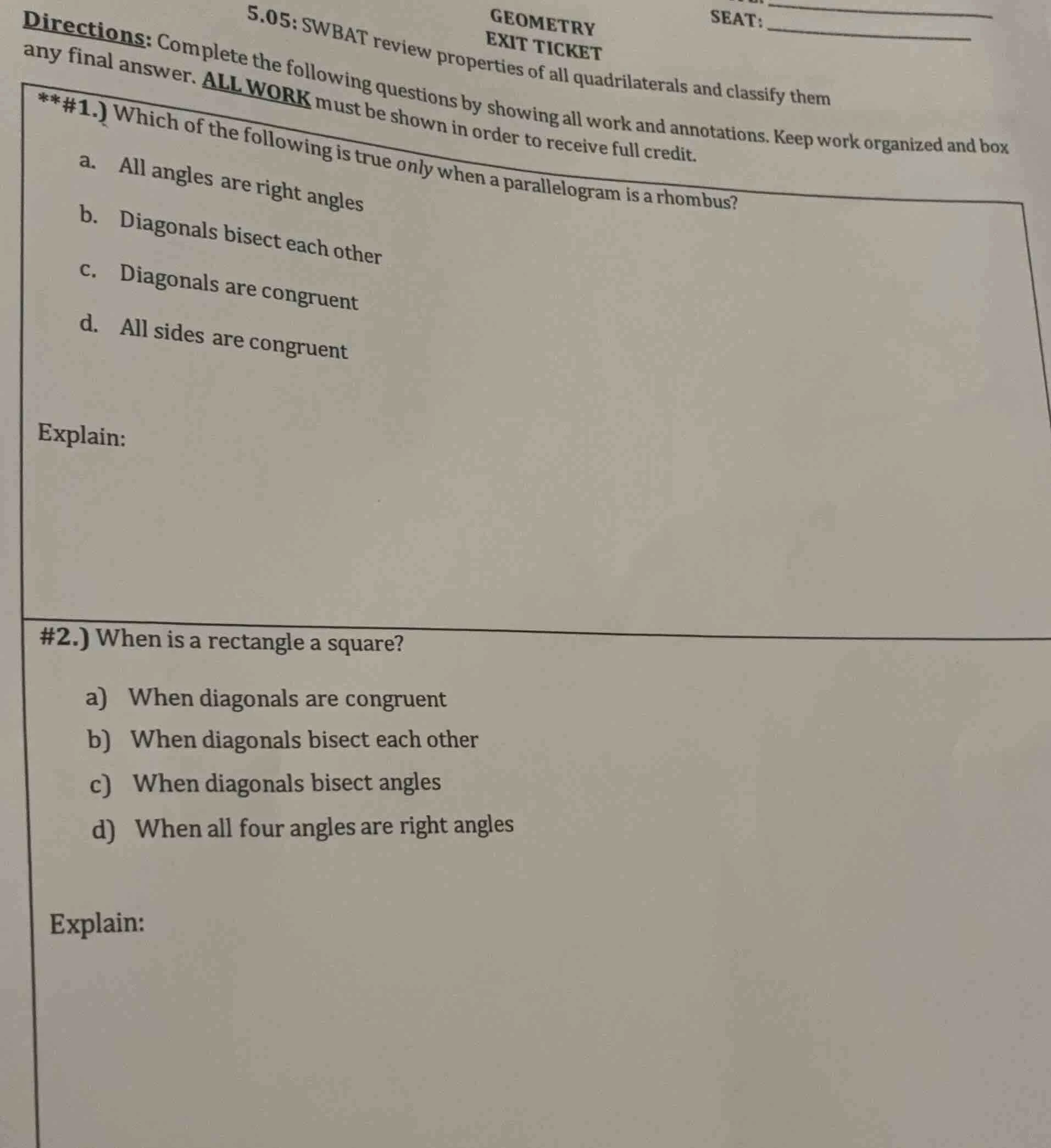 directions: complete the following questions by showing all work and an…