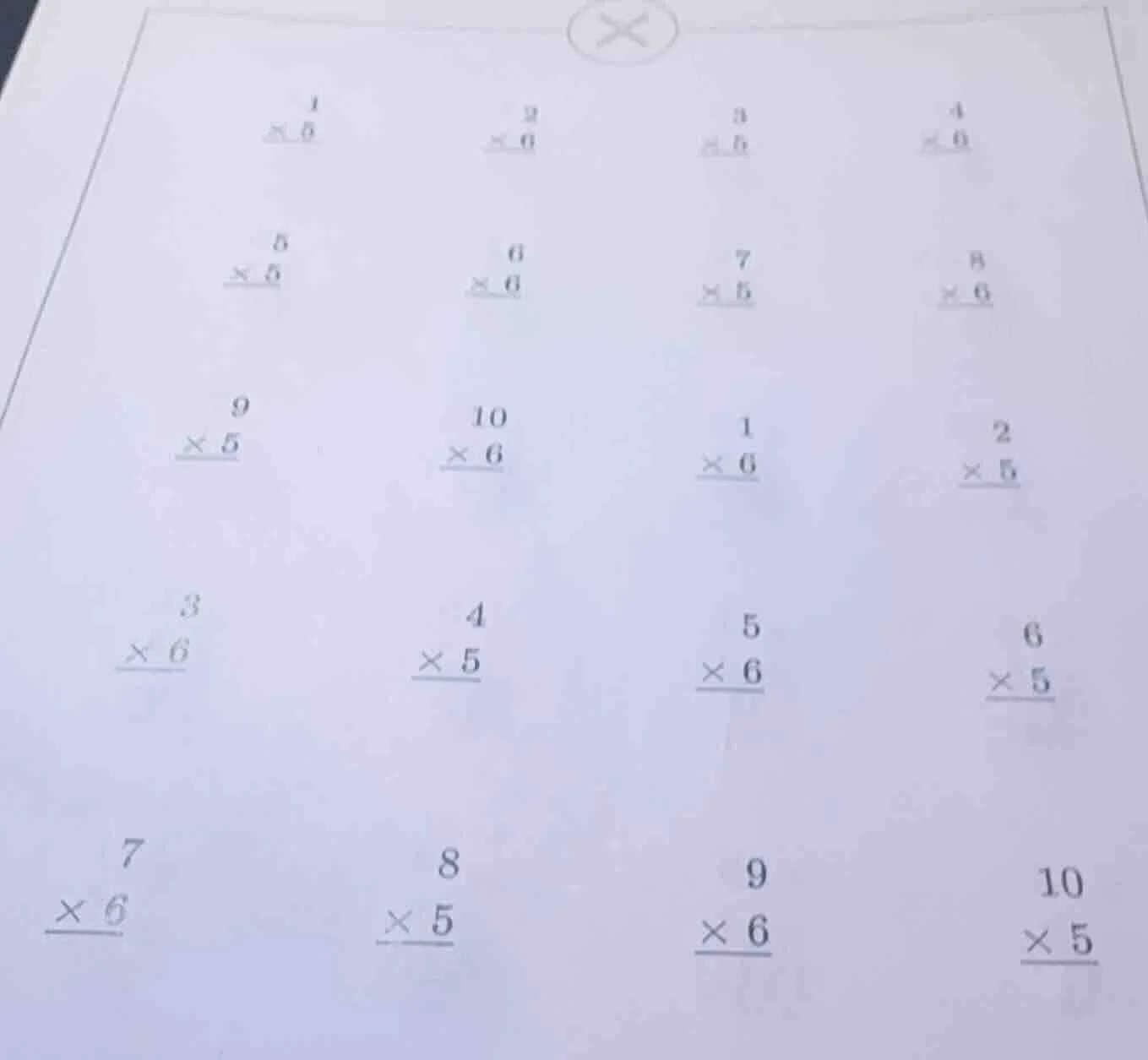 1 × 5, 2 × 6, 3 × 5, 4 × 6, 5 × 5, 6 × 6, 7 × 5, 8 × 6, 9 × 5, 10 × 6, …