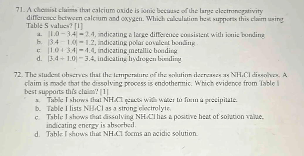 71. a chemist claims that calcium oxide is ionic because of the large e…