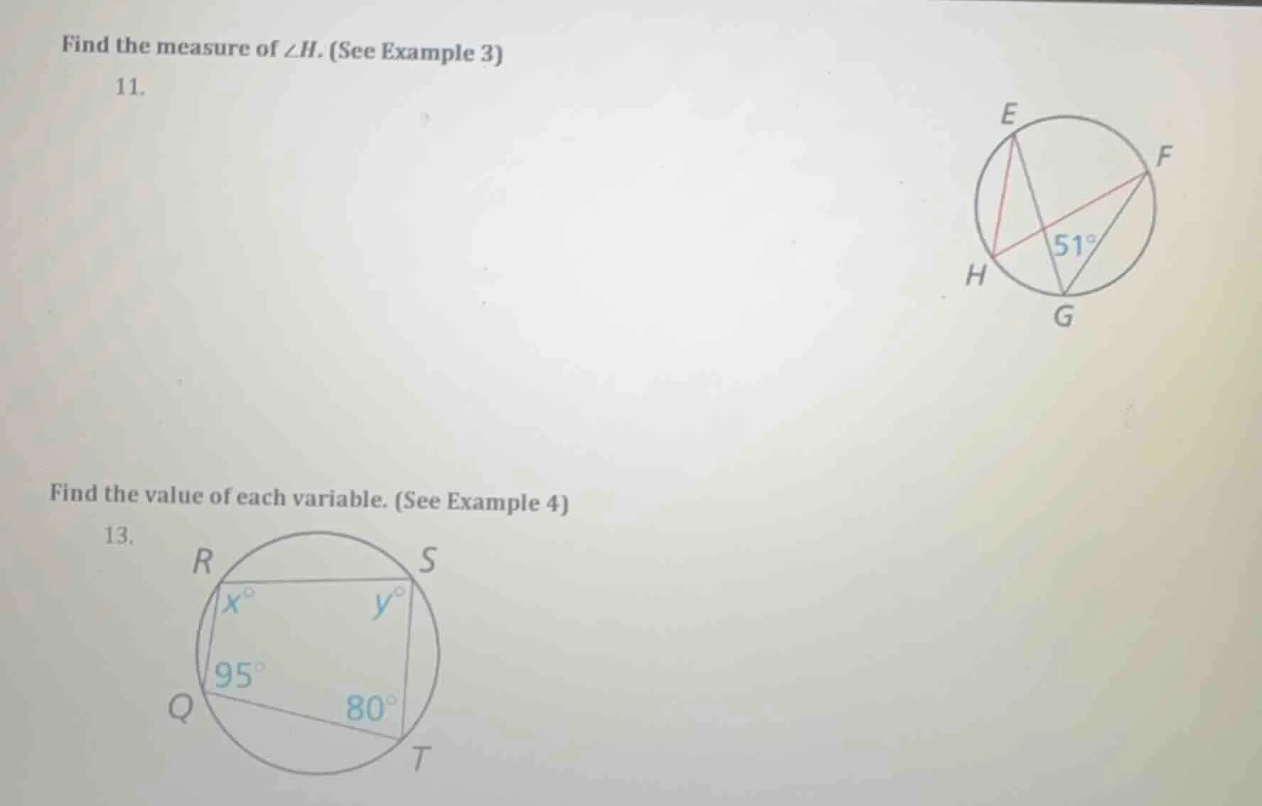 find the measure of $\\angle h$. (see example 3) 11. find the value of …
