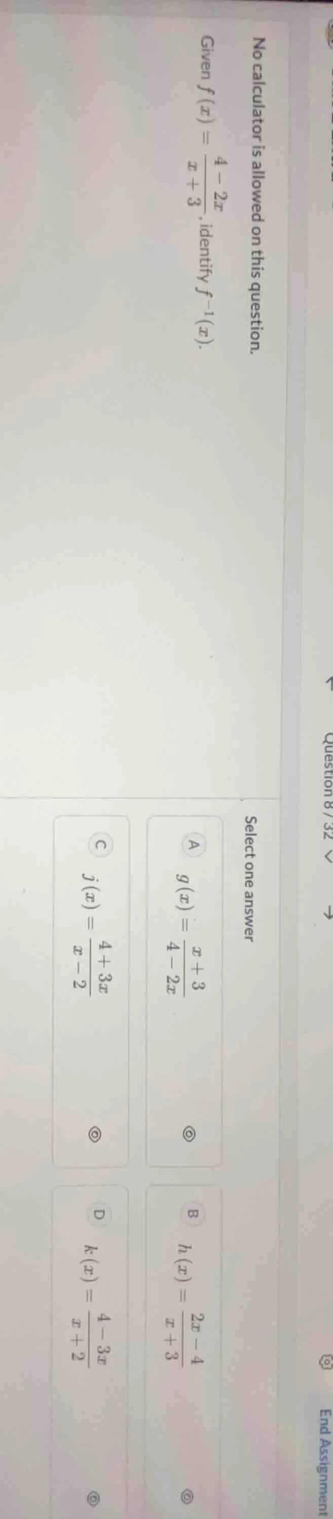 no calculator is allowed on this question. given ( f(x) = \frac{4 - 2x}…