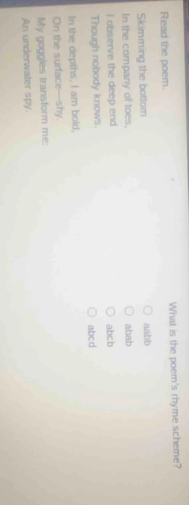 read the poem. skimming the bottom in the company of toes, i observe th…