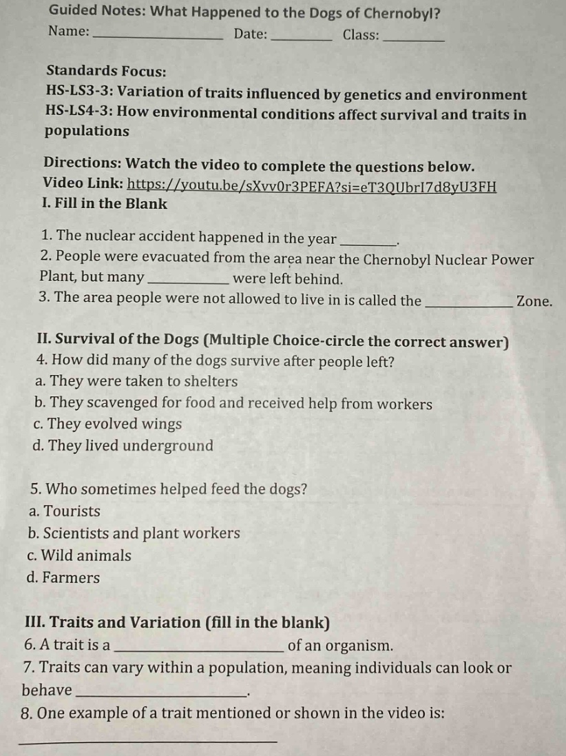 guided notes: what happened to the dogs of chernobyl? name: ___________…