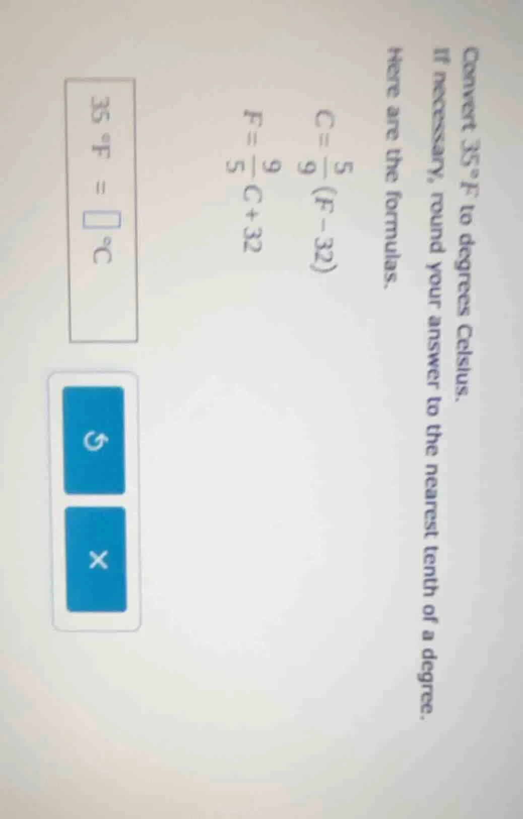 convert 35°f to degrees celsius. if necessary, round your answer to the…