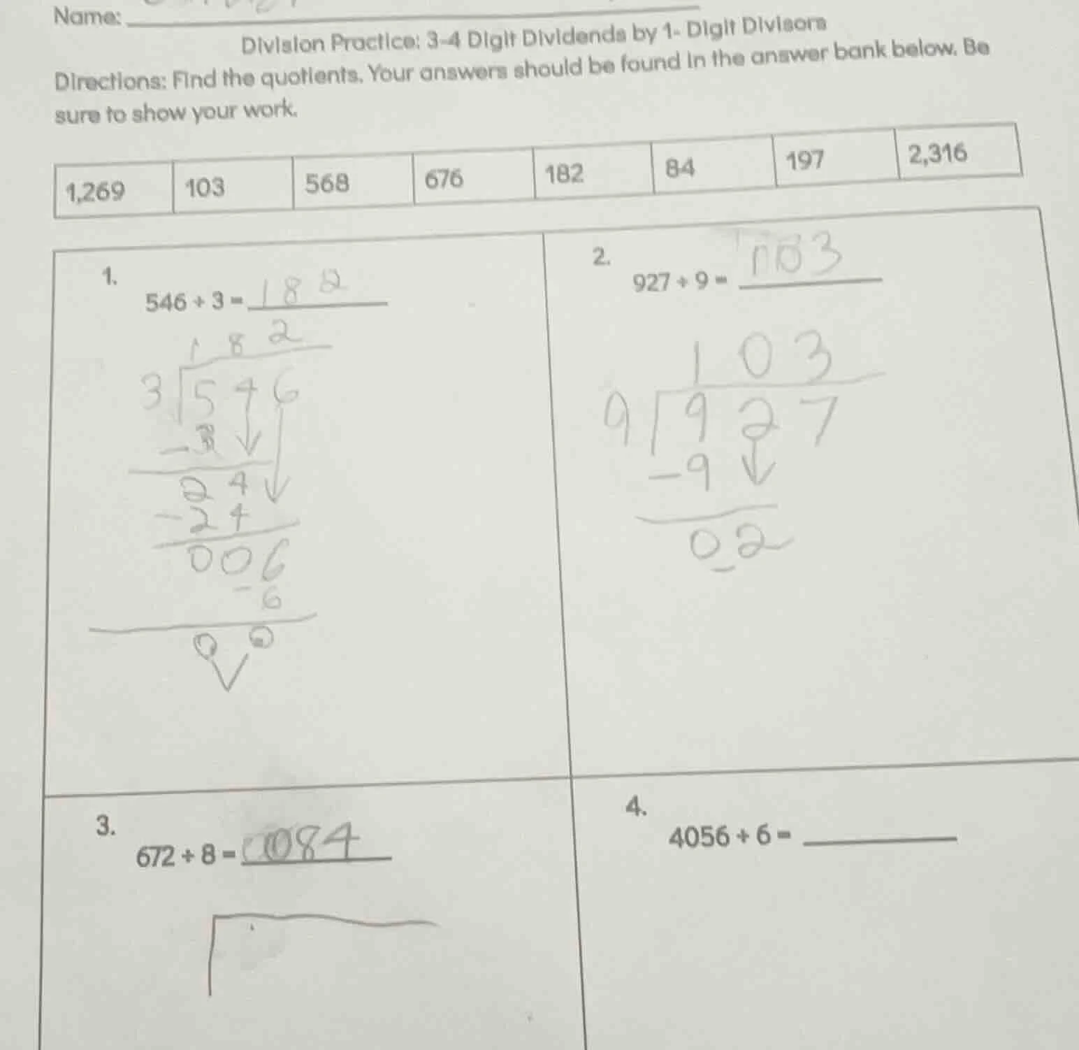 name: ______ division practice: 3 - 4 digit dividends by 1 - digit divi…