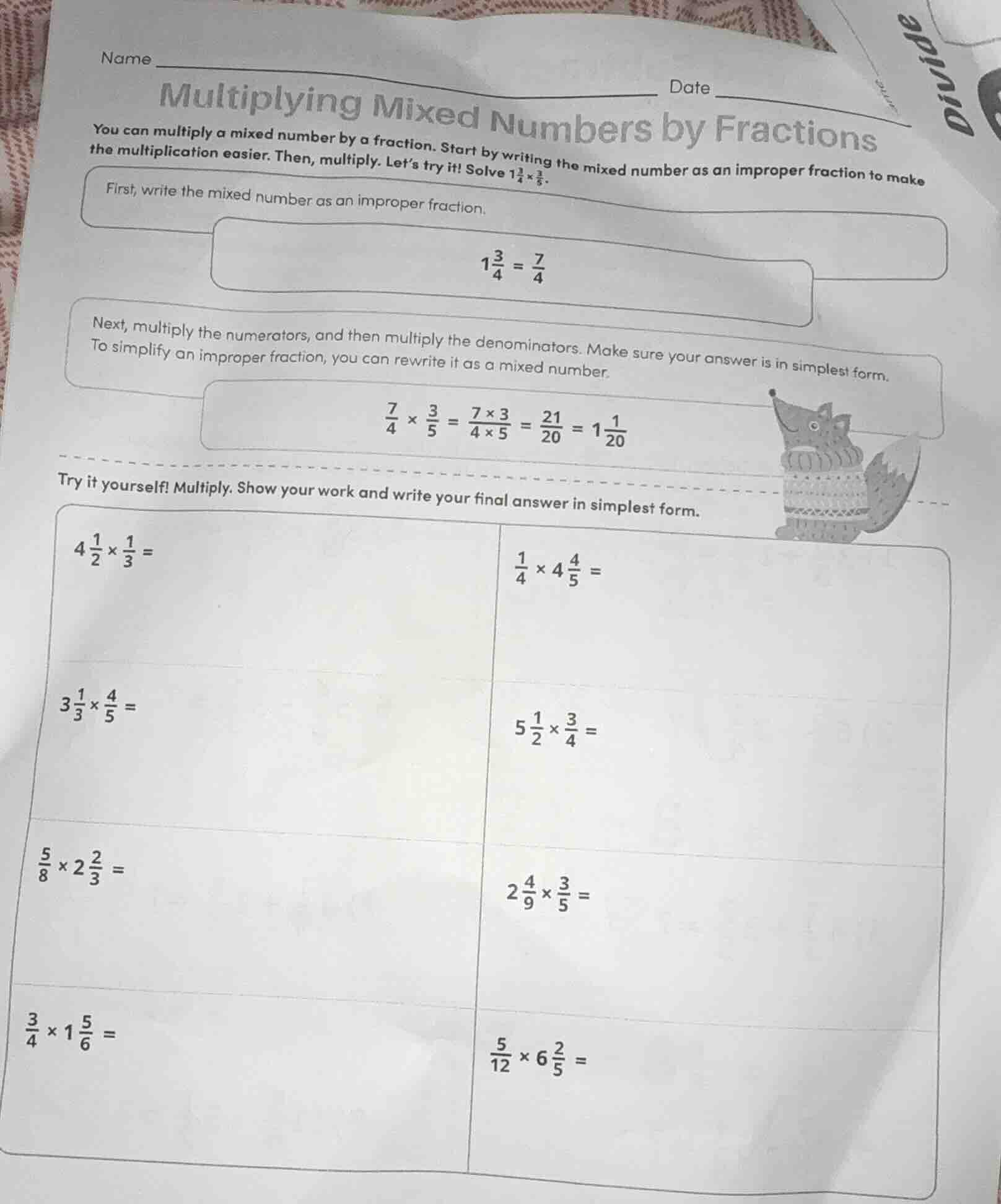 name ______ date ______ multiplying mixed numbers by fractions you can …
