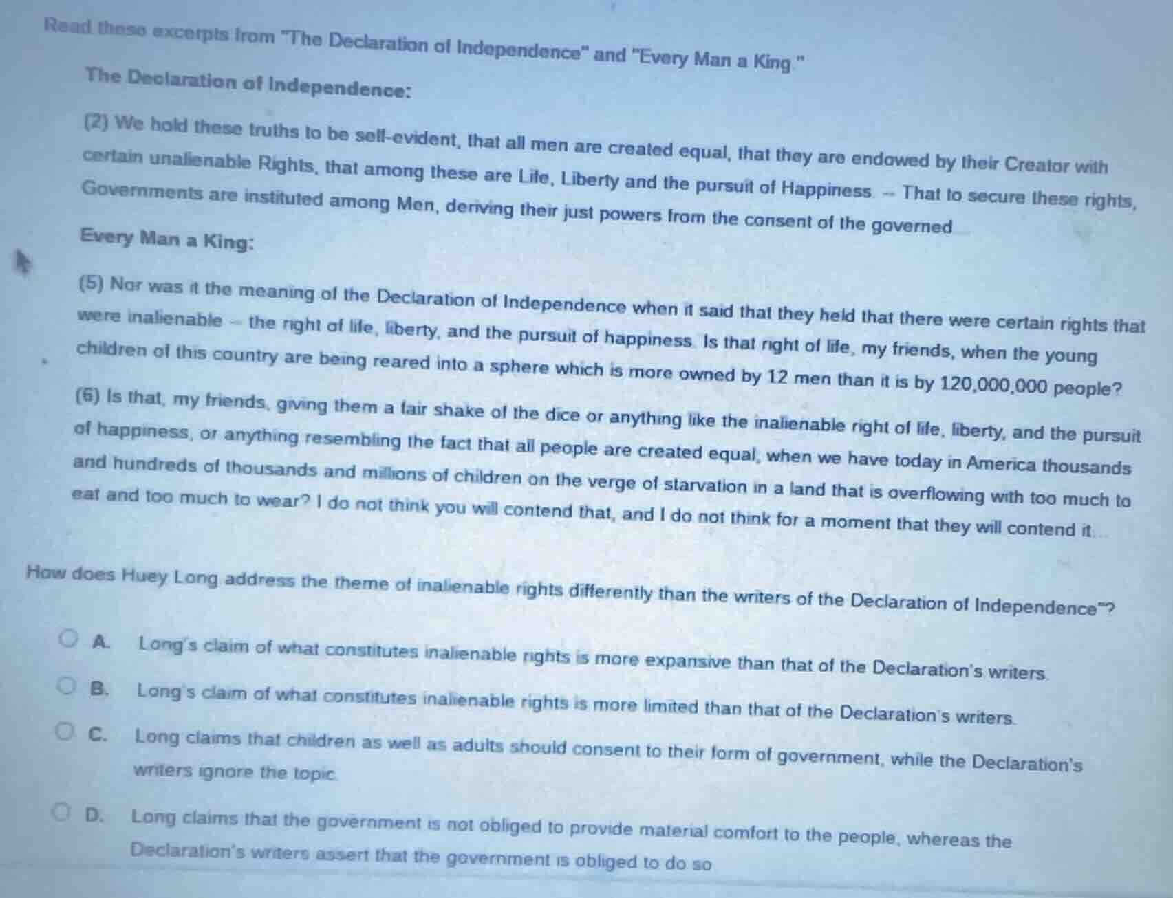 read these excerpts from \the declaration of independence\ and \every m…