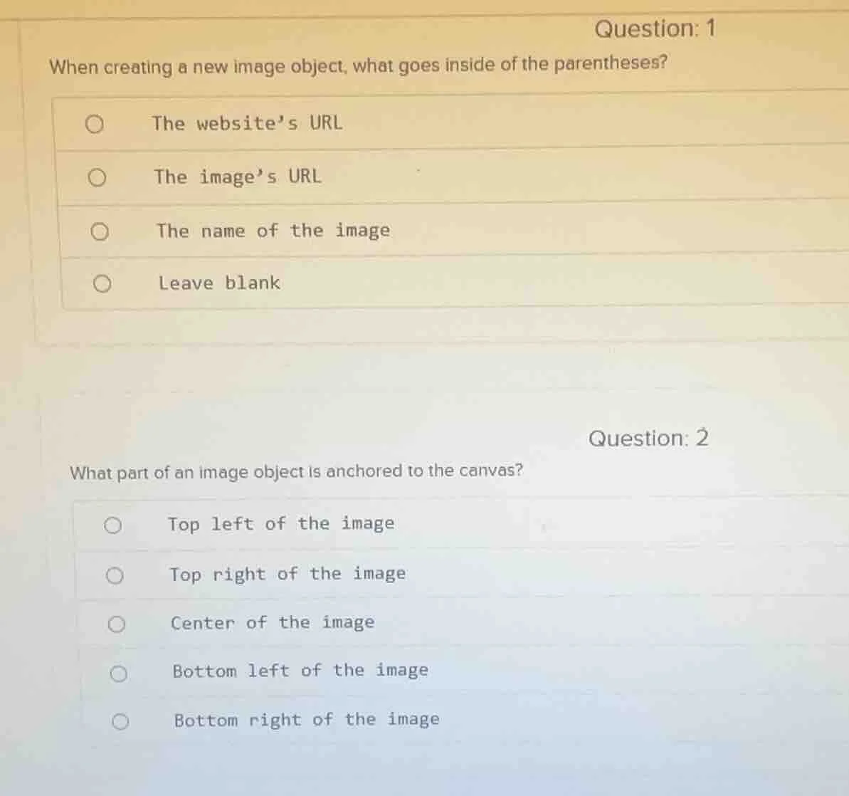 question: 1 when creating a new image object, what goes inside of the p…