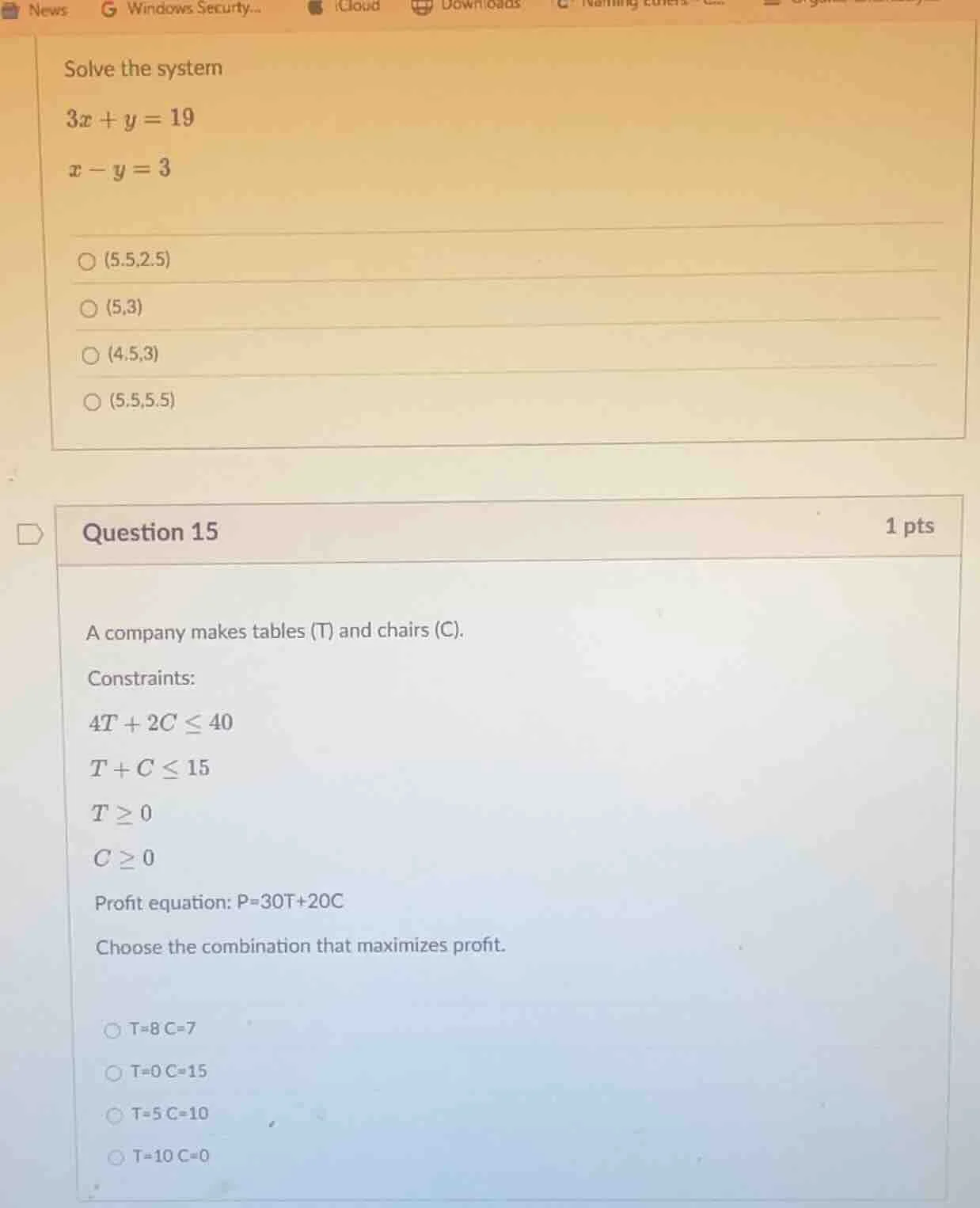 solve the system $3x + y = 19$ $x - y = 3$ \\bigcirc $(5.5,2.5)$ \\bigc…