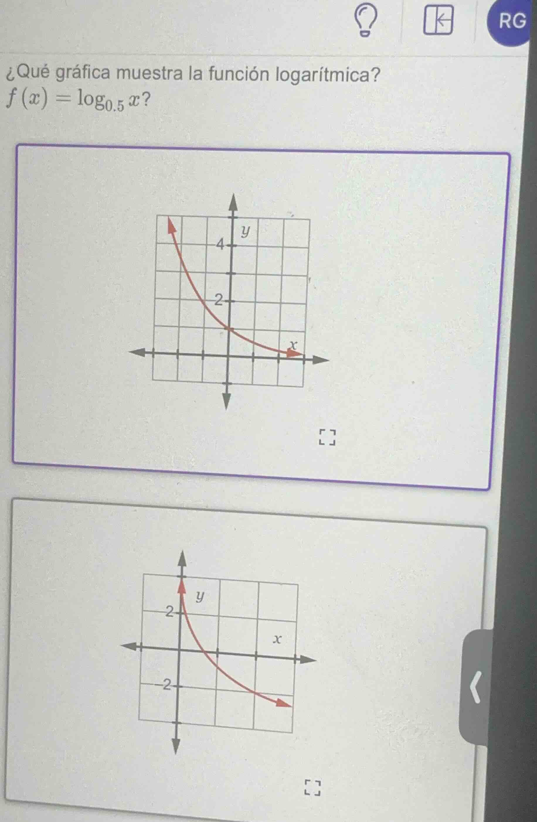 ¿qué gráfica muestra la función logarítmica? $f(x) = \\log_{0.5} x$?