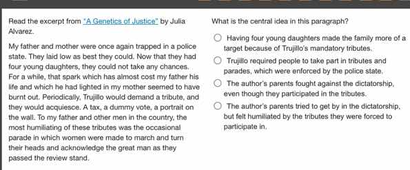 read the excerpt from a genetics of justice by julia alvarez. my father…