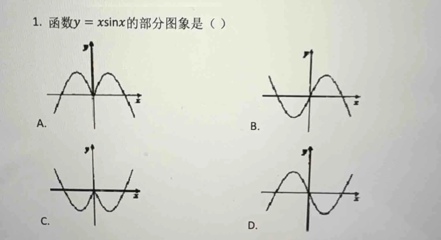 1. 函数$y = xsin x$的部分图象是（） a. !a选项图像(https://example.com/a_image) b. !b选…