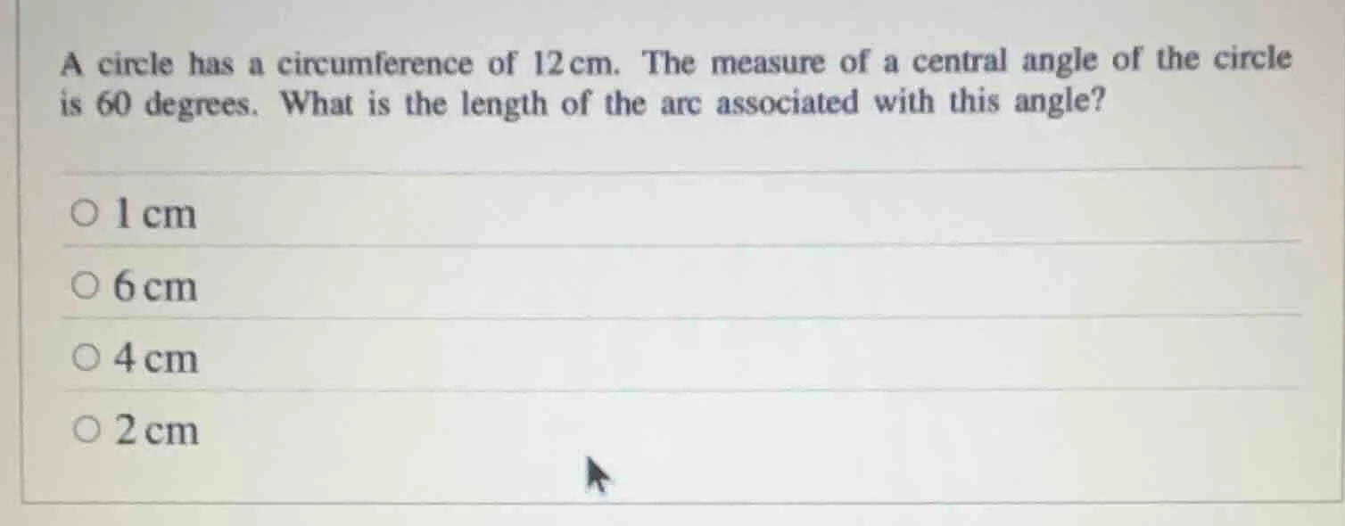 a circle has a circumference of 12cm. the measure of a central angle of…