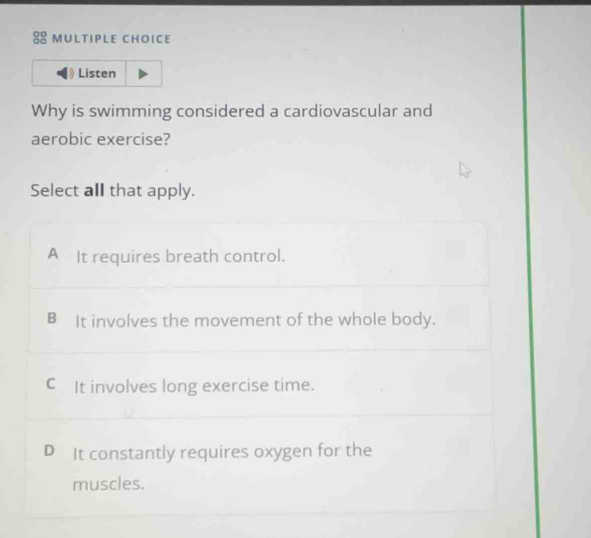 multiple choice listen why is swimming considered a cardiovascular and …