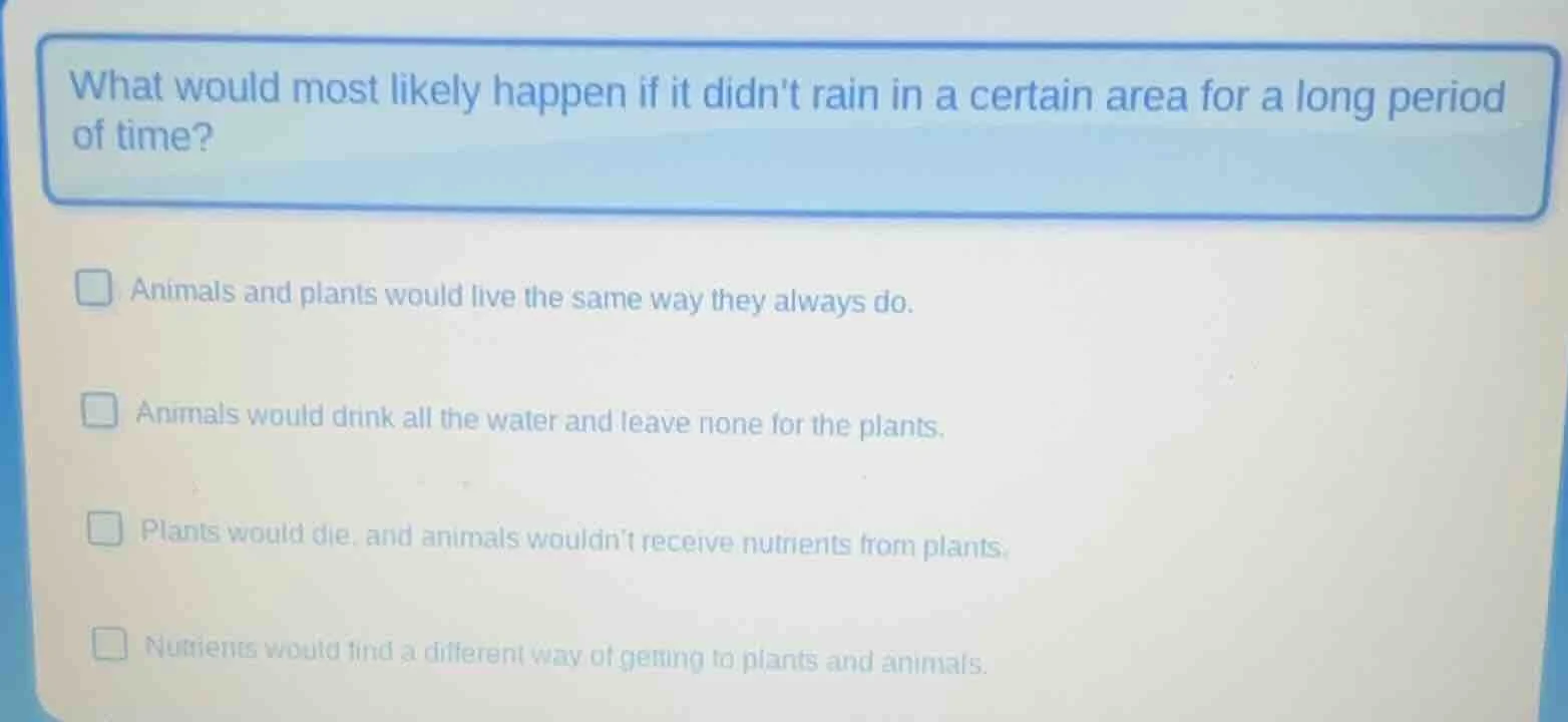 what would most likely happen if it didnt rain in a certain area for a …