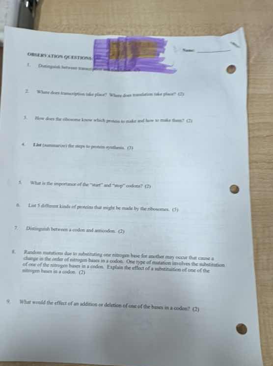 observation questions: 1. distinguish between 2. where does transcripti…