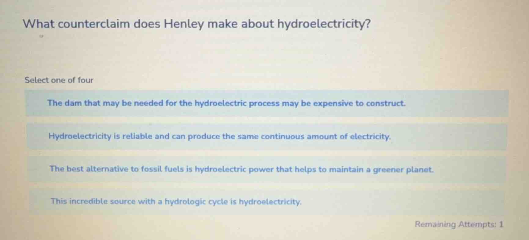 what counterclaim does henley make about hydroelectricity? select one o…