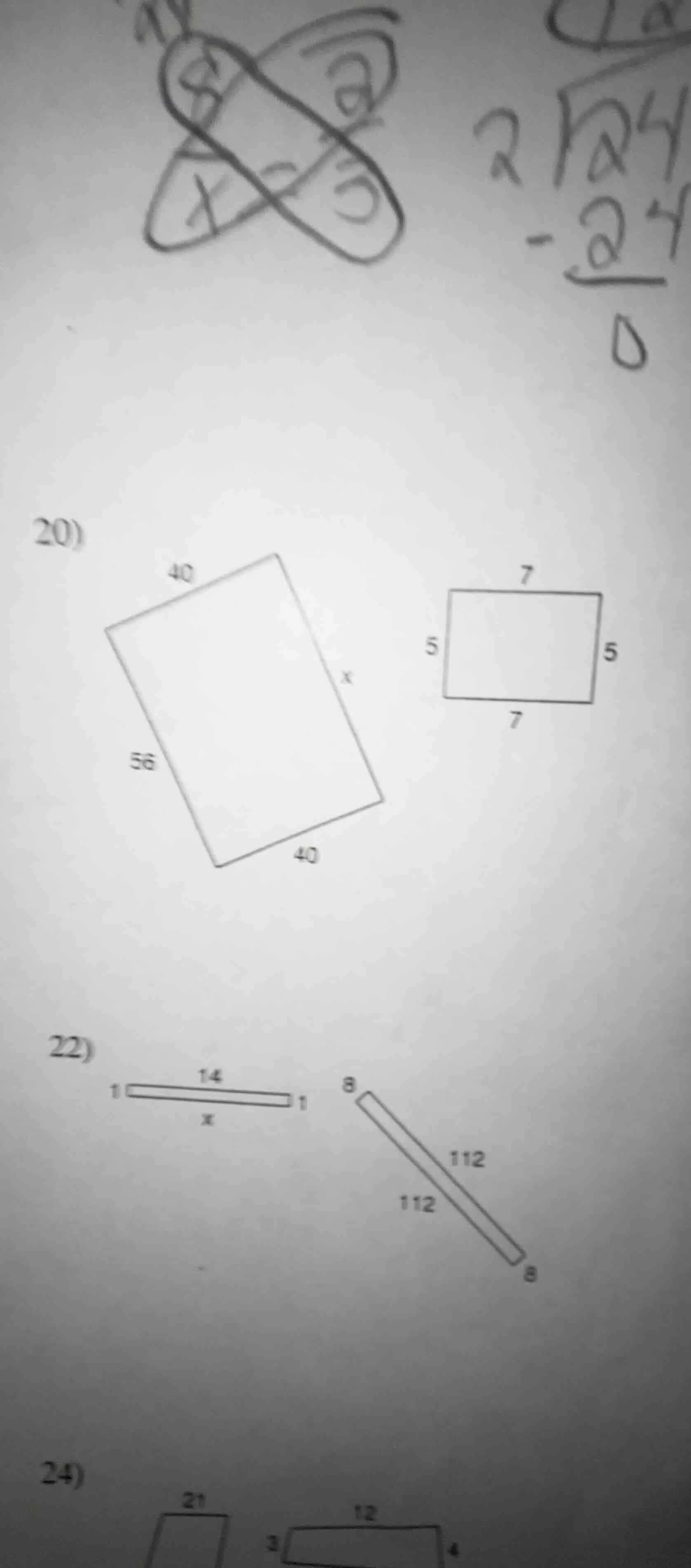 20) diagram of two rectangles: left rectangle with sides 40, 56, 40, x;…