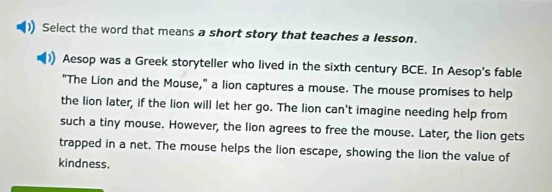 select the word that means a short story that teaches a lesson. aesop w…