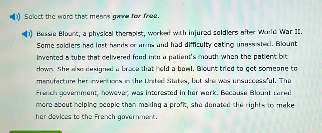 select the word that means gave for free. bessie blount, a physical the…