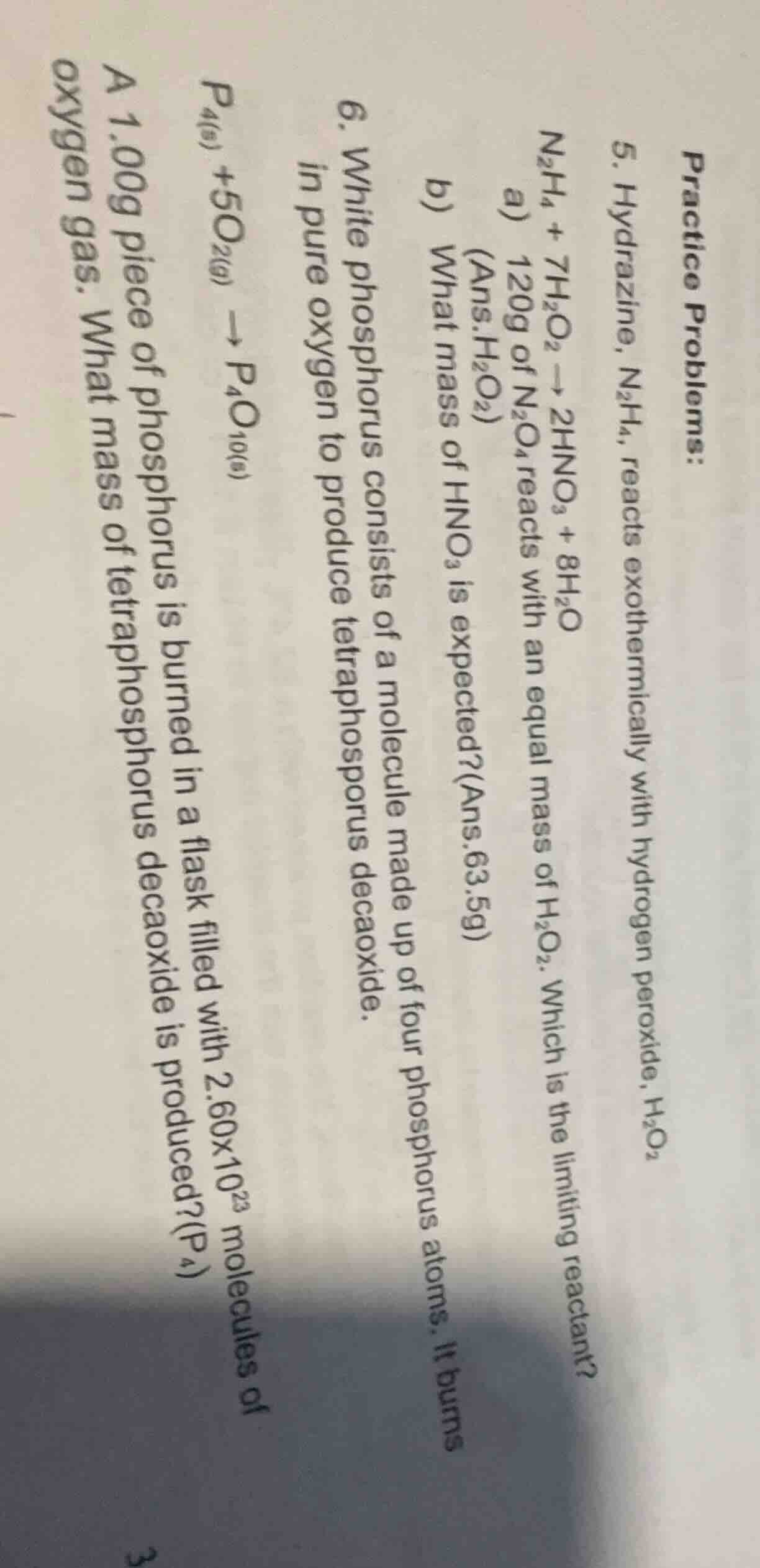 practice problems: 5. hydrazine, n₂h₄, reacts exothermically with hydro…