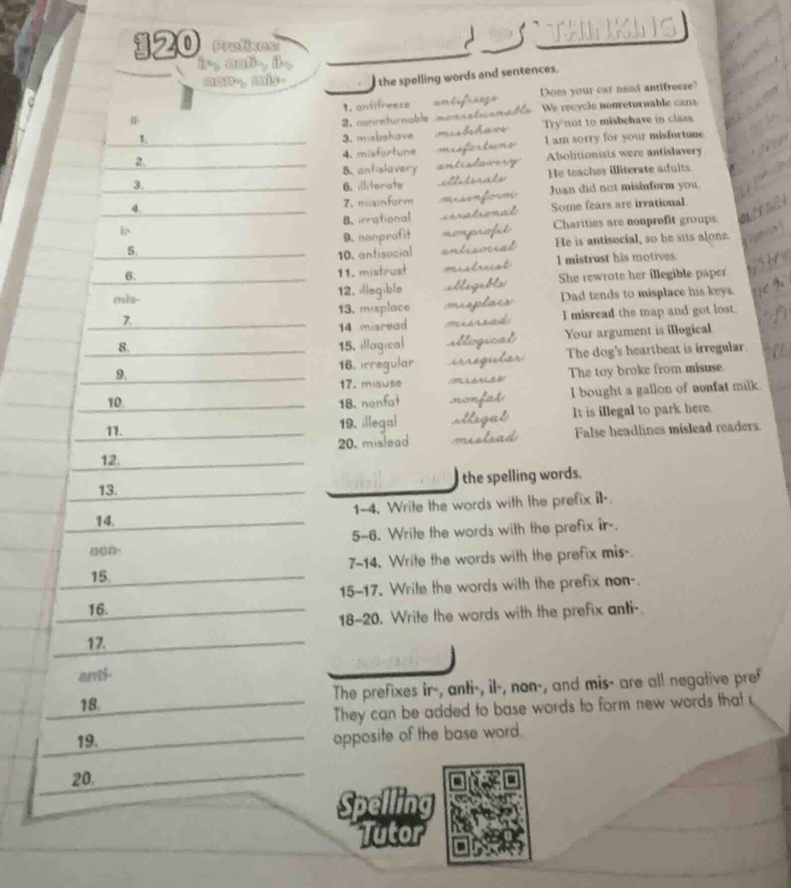 the spelling words and sentences. 1. antifreeze 2. nonreturnable 3. mis…