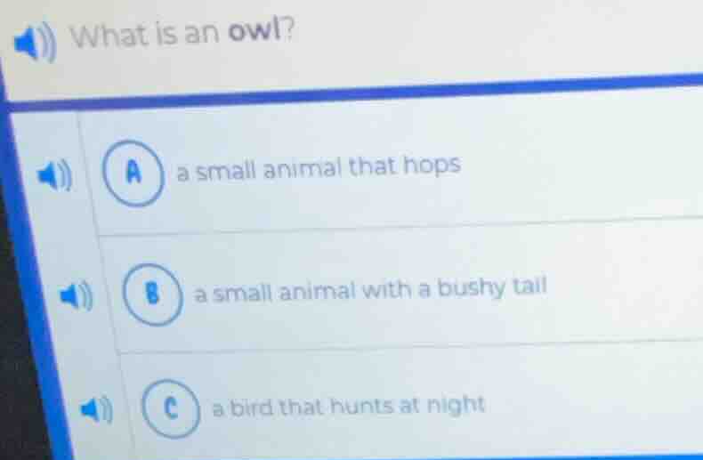 what is an owl? a a small animal that hops b a small animal with a bush…