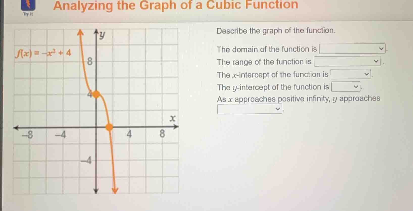 analyzing the graph of a cubic function f(x) = -x³ + 4 describe the gra…