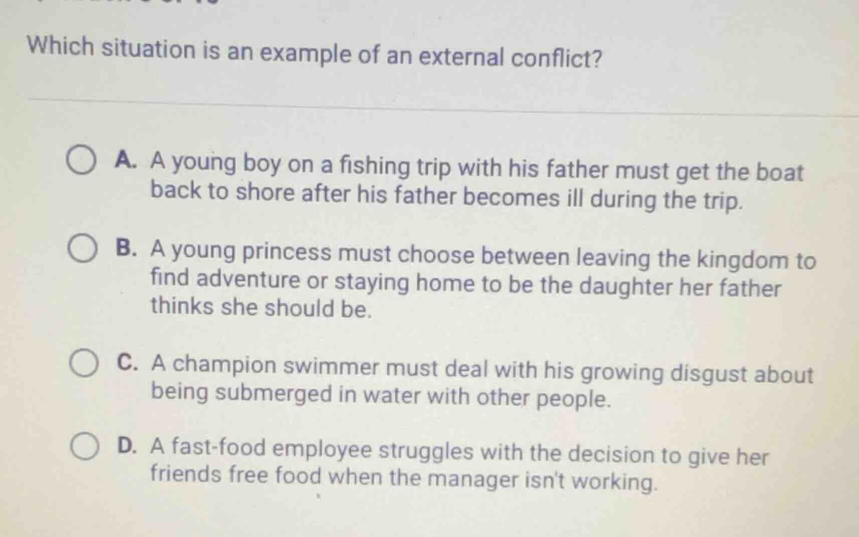 which situation is an example of an external conflict? a. a young boy o…