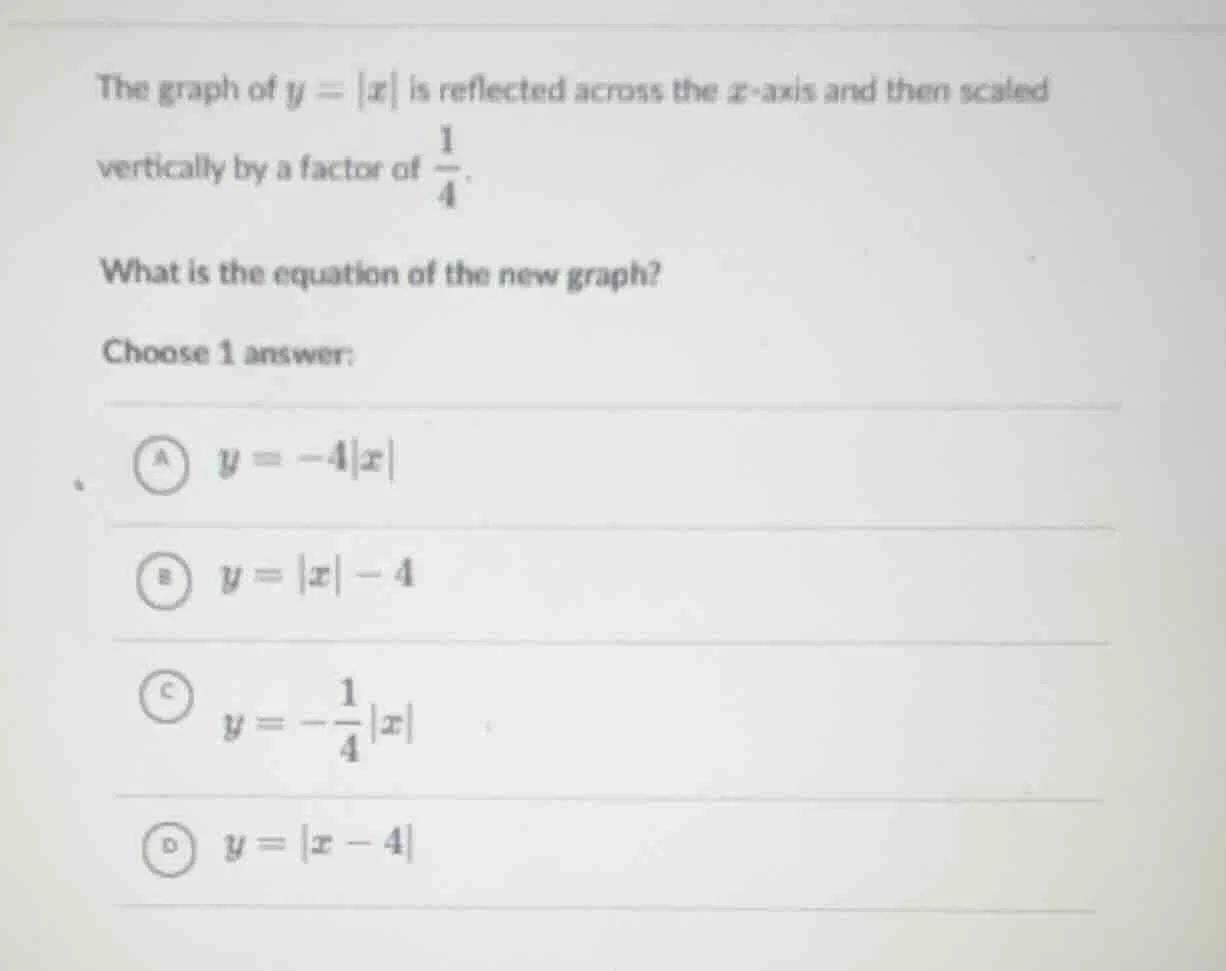 the graph of $y = |x|$ is reflected across the $x$-axis and then scaled…