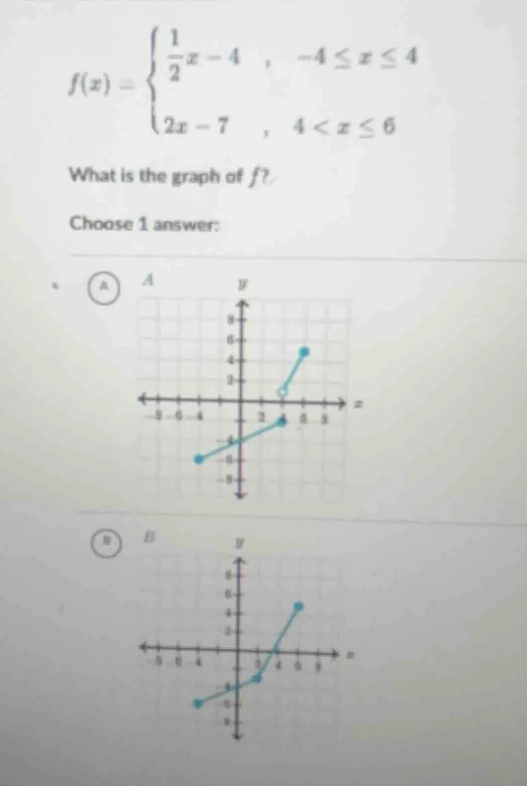 f(x) = \\begin{cases} \\frac{1}{2}x - 4, & -4 \\leq x \\leq 4 \\\\ 2x -…
