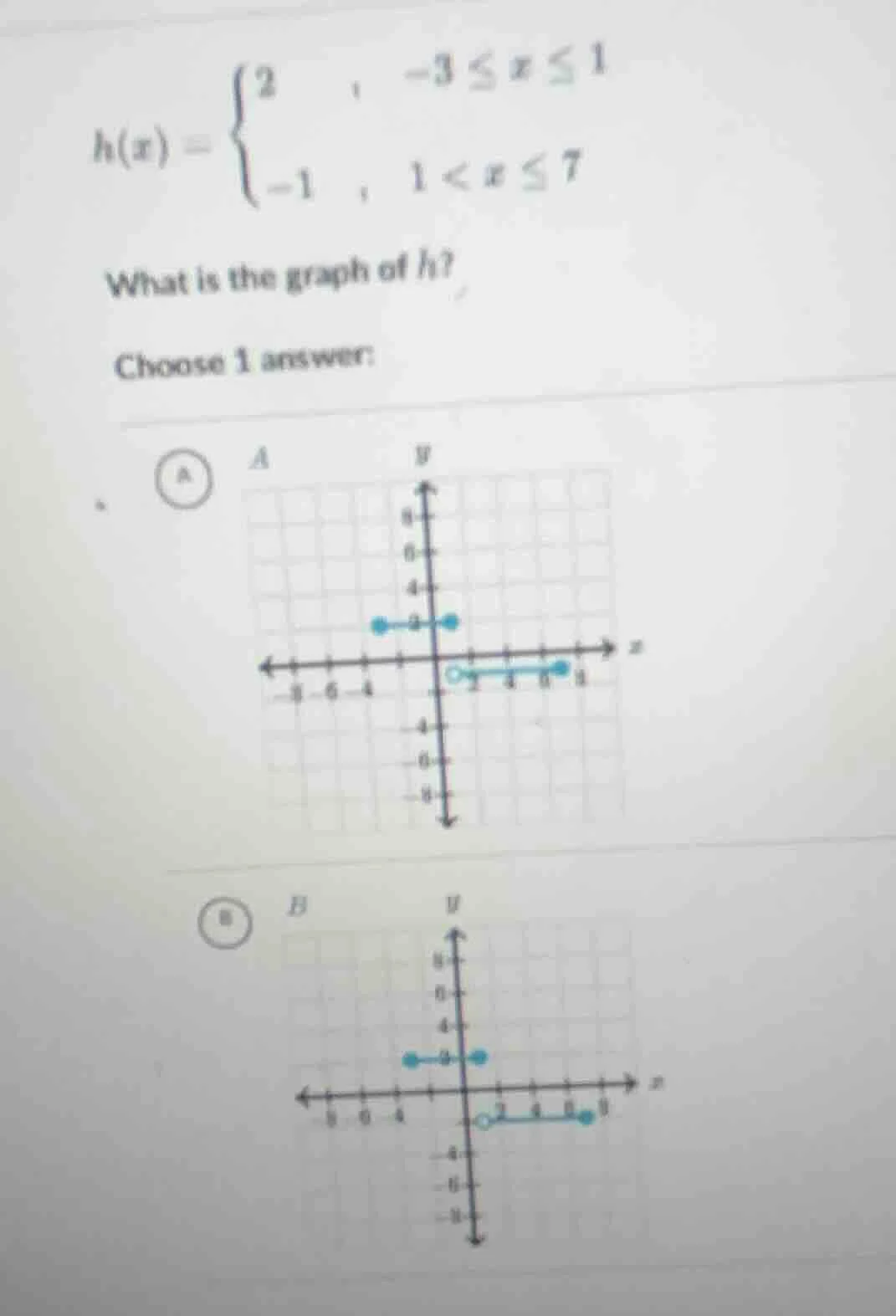 h(x) = \\begin{cases} 2, & -3 \\leq x \\leq 1 \\\\ -1, & 1 < x \\leq 7 …