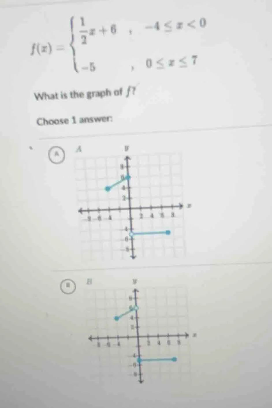 f(x) = \\begin{cases} \\frac{1}{2}x + 6 &, -4 \\leq x < 0 \\\\ -5 &, 0 …