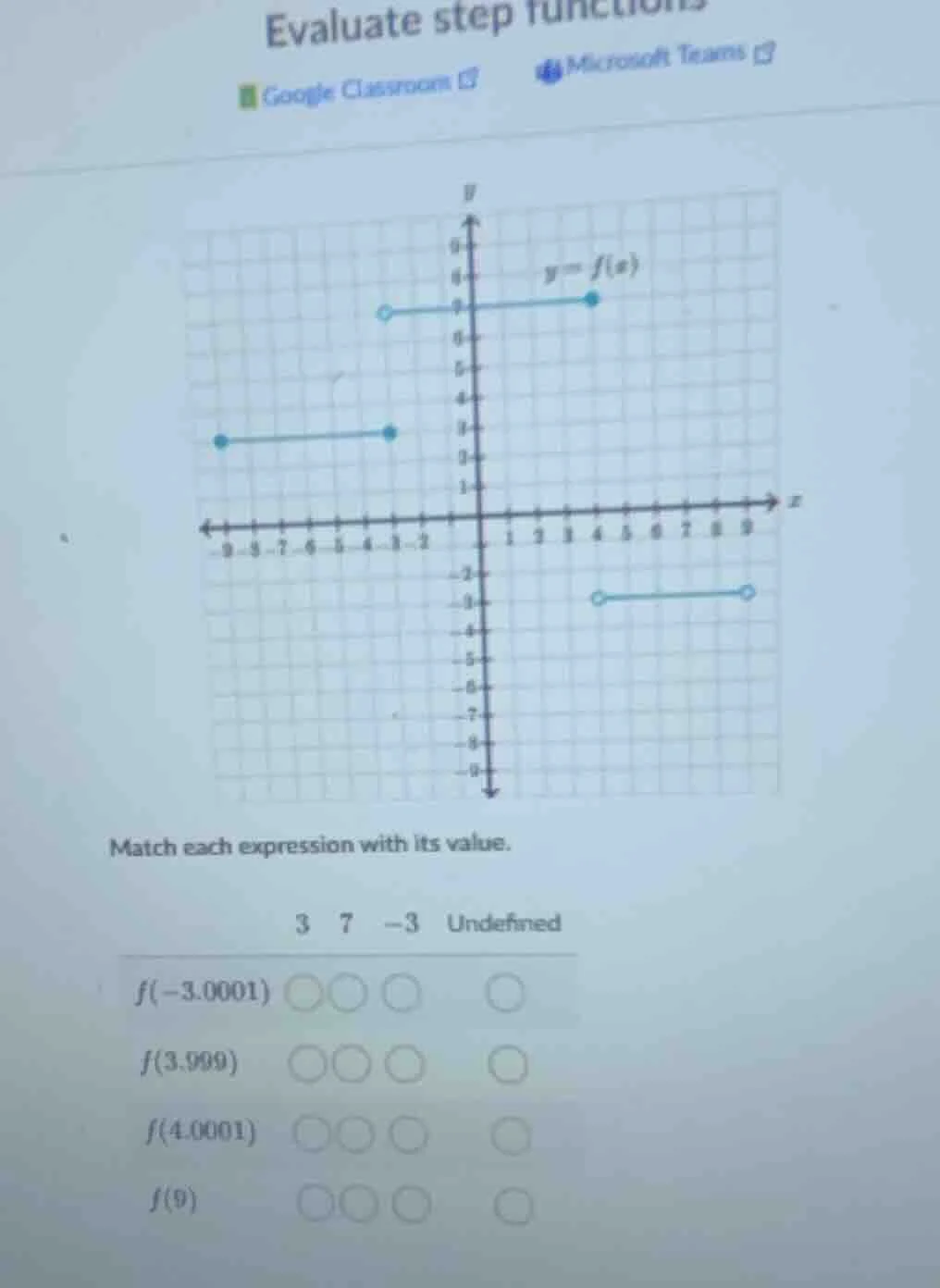 evaluate step functions google classroom microsoft teams match each exp…