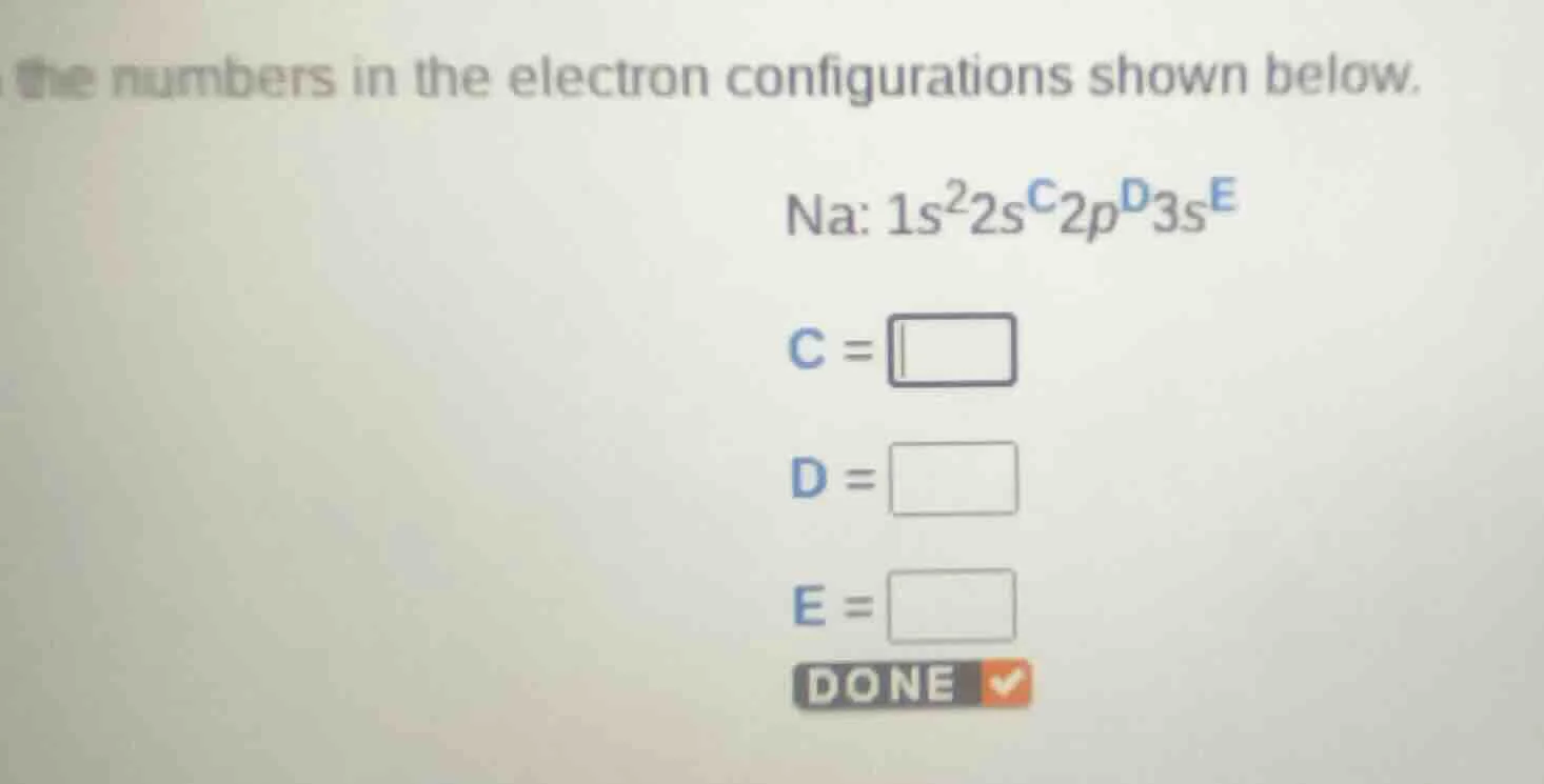 the numbers in the electron configurations shown below. na: $1s^2 2s^c …