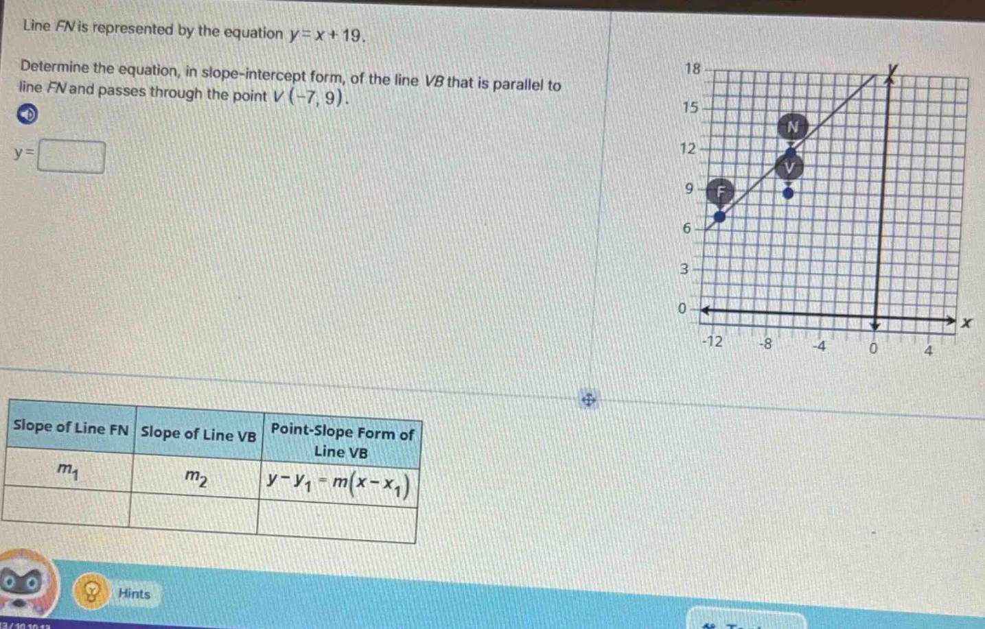 line fn is represented by the equation $y = x + 19$. determine the equa…