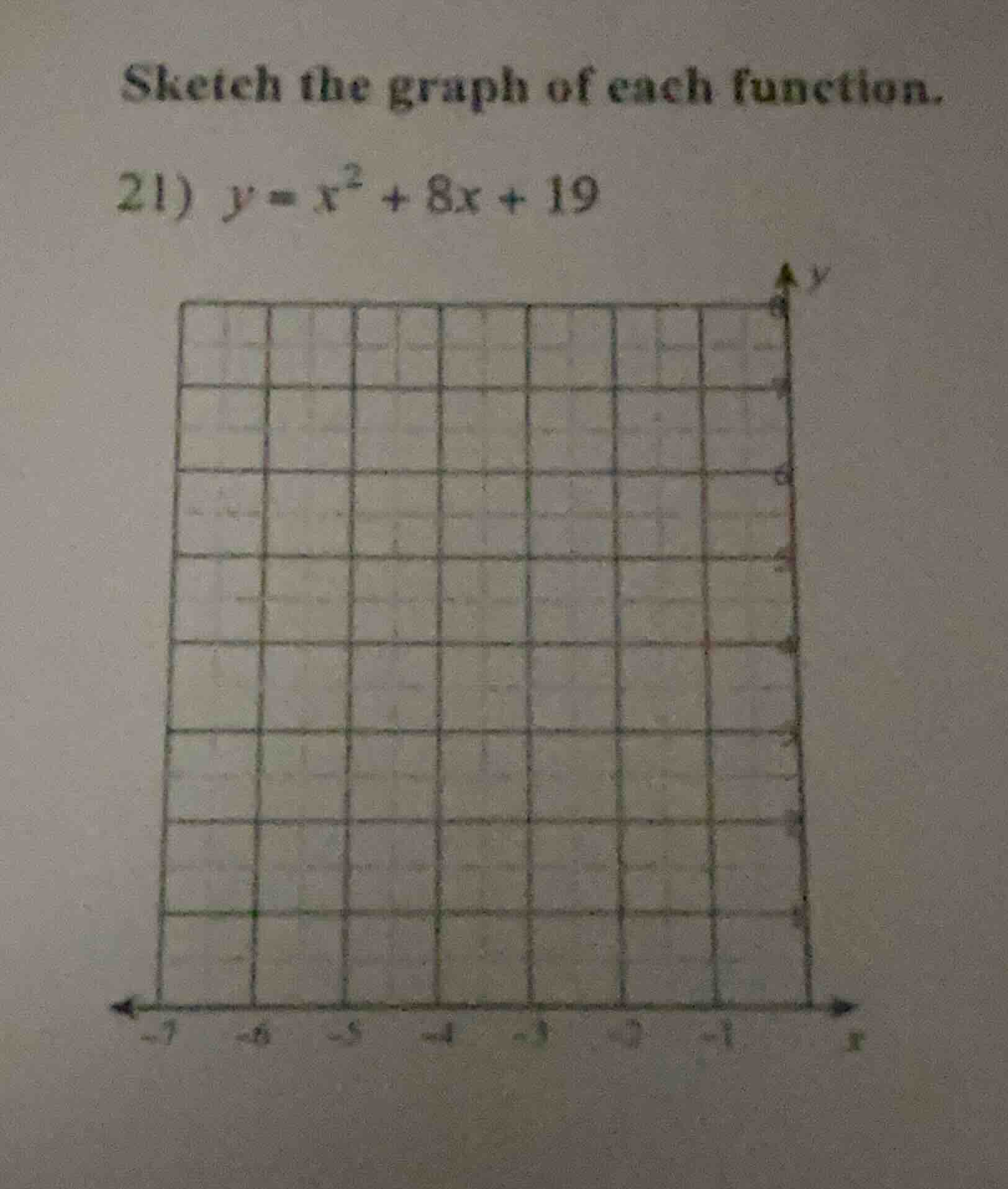 sketch the graph of each function. 21) $y = x^2 + 8x + 19$