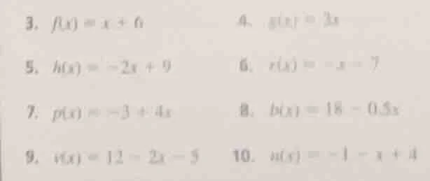 3. $f(x) = x + 6$ 4. $g(x) = 3x$ 5. $h(x) = -2x + 9$ 6. $r(x) = -x - 7$…